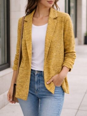 Doe & Rae Mustard Knit Blazer Jacket Ruched Sleeve Size L NWT
